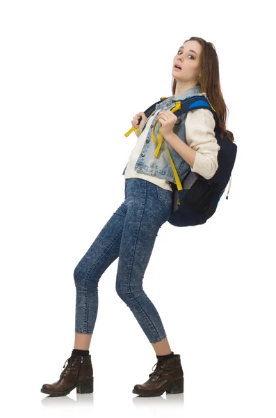 Menina bonita com mochila isolada no branco — Fotografia de Stock