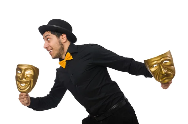 Mann mit goldenen venezianischen Masken — Stockfoto