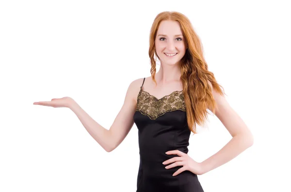 En flicka i elegant svart miniklänning isolerad på vit — Stockfoto