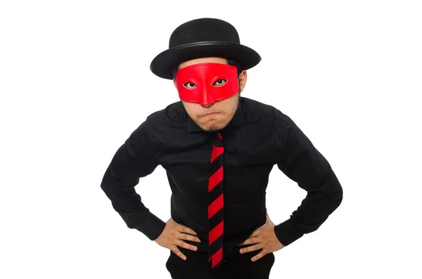 Mladý muž s červenou maskou izolovaný na bílém — Stock fotografie