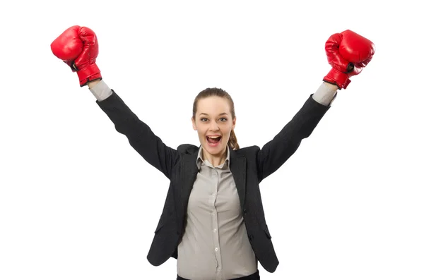 Empresária com luvas de boxe isolada em branco — Fotografia de Stock