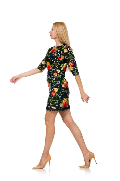 ダーク グリーンの花柄のドレスの女性 — ストック写真