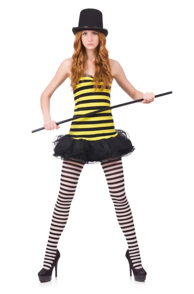 A girl in black and yellow striped dress isolated on white — Stock Photo, Image