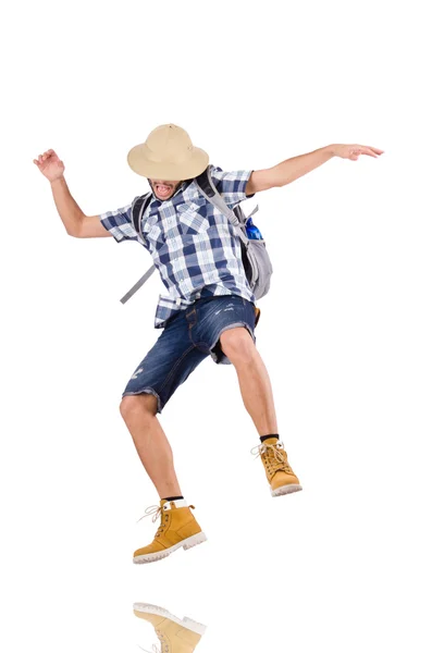 Young traveler with rucksack isolated on white — Stock Photo, Image