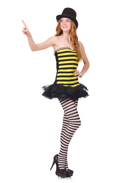 A girl in black and yellow striped dress isolated on white — Stock Photo, Image