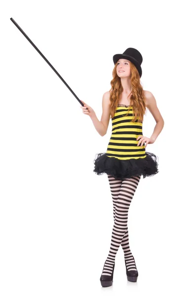 A girl in black and yellow striped dress isolated on white — Stock Photo, Image