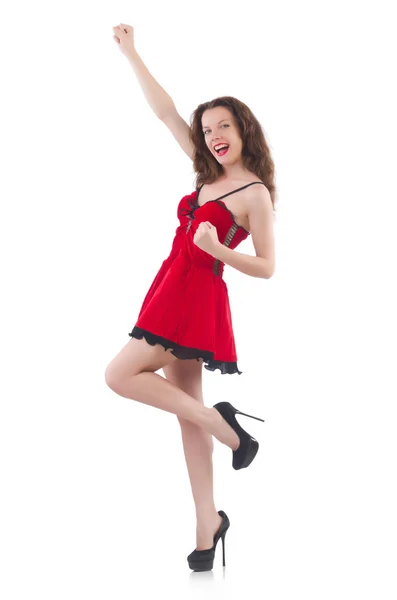 Jeune mannequin femme posant en mini robe rouge — Photo