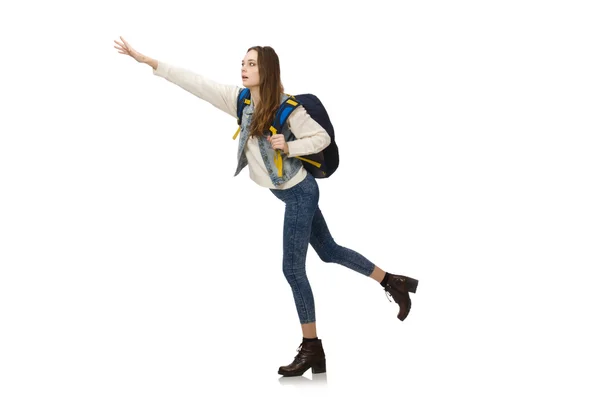 Söt flicka med ryggsäck isolerad på vitt — Stockfoto