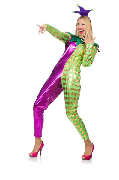 Woman wearing clown costume isolated on white — Stock Photo, Image