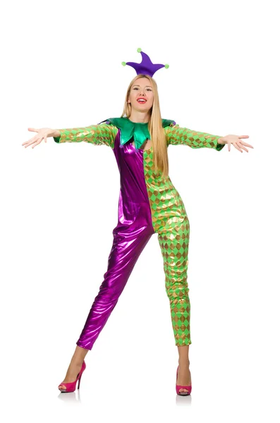 Woman wearing clown costume isolated on white — Stock Photo, Image