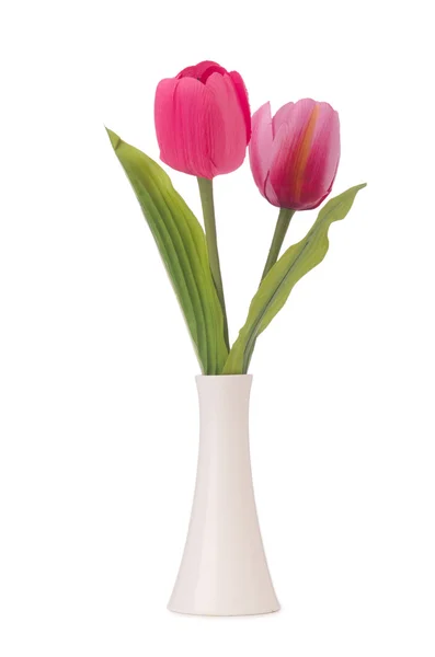 Vaso con tulipani colorati su bianco — Foto Stock