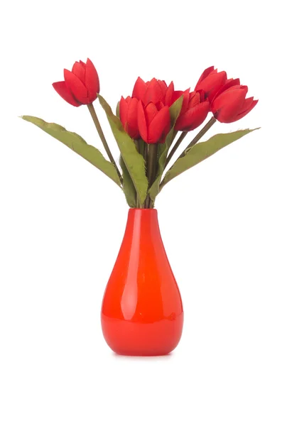 Vase with colourful tulips on white — Stock Photo, Image