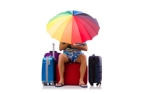 Viajante com caixas e guarda-chuva — Fotografia de Stock