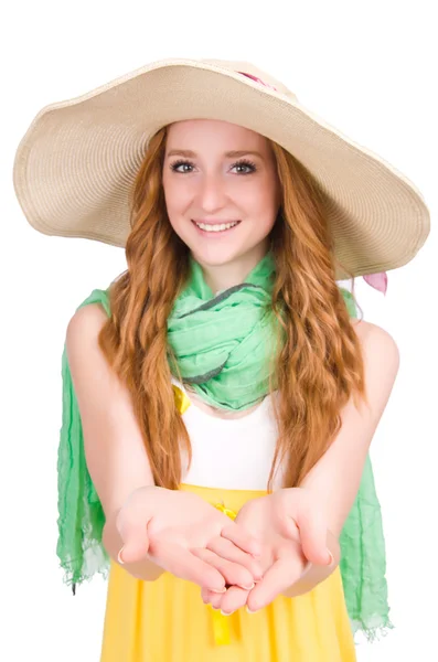 Jonge vrouw in gele zomerjurk — Stockfoto
