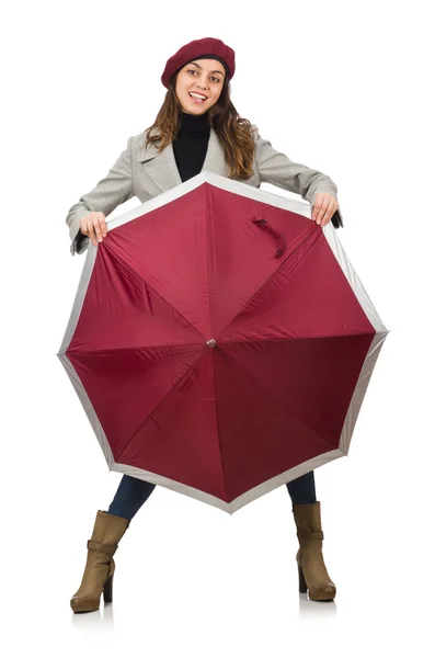 Woman with umbrella isolated on white — Stock Photo, Image