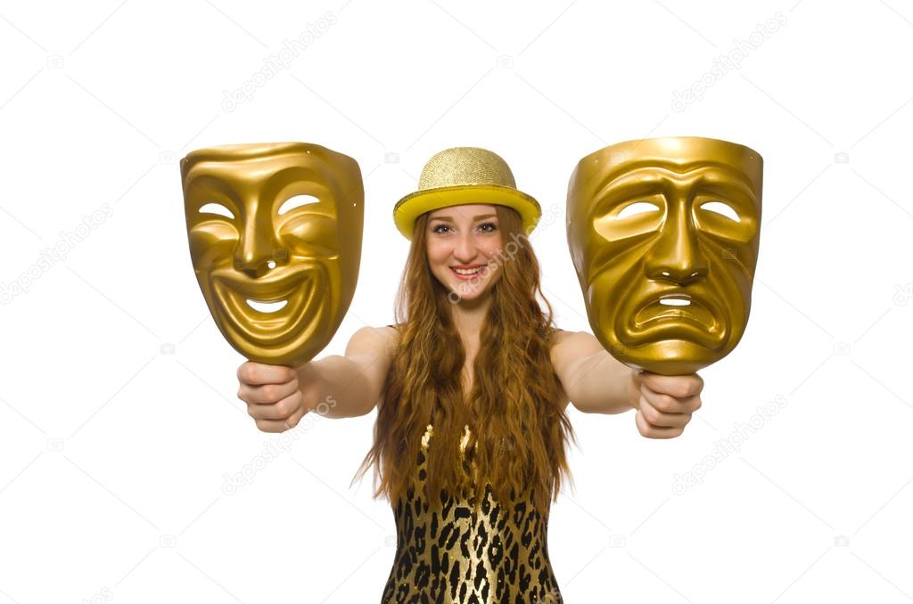 Girl in golden mask isolated on white