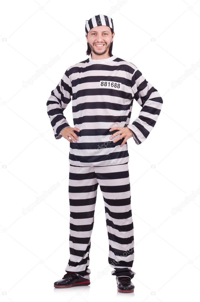 Convict criminal in striped uniform isolated on white