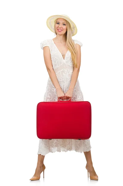 女人与红色手提箱 — 图库照片