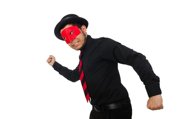 Hombre joven con máscara roja aislado en blanco — Foto de Stock