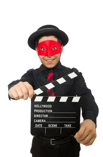 Jeune homme avec masque rouge isolé sur blanc — Photo