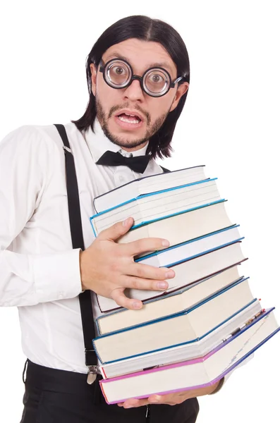 Смішний студент з книгами ізольовані на білому — стокове фото