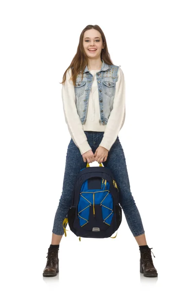Linda chica con mochila aislada en blanco — Foto de Stock