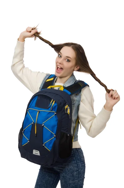 Menina bonita com mochila isolada no branco — Fotografia de Stock