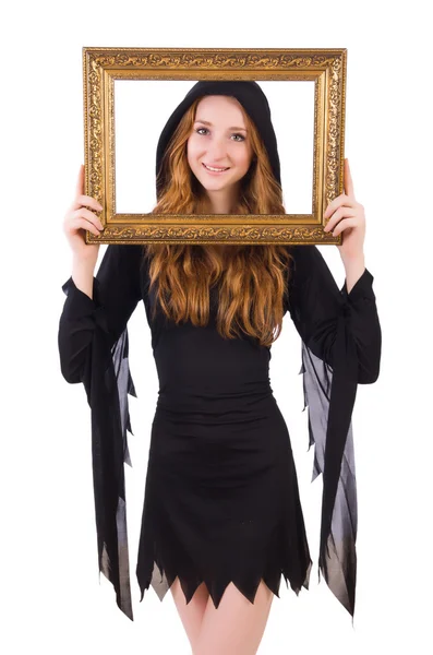 Cute witch with frame picture isolated on white — Stock Photo, Image