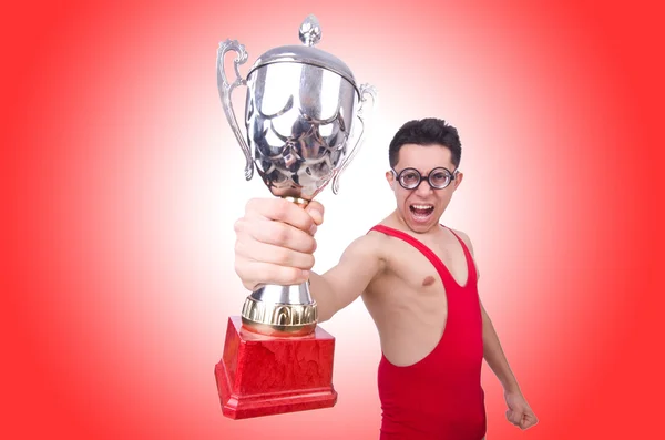 Funny wrestler with winners cup — Stock Photo, Image