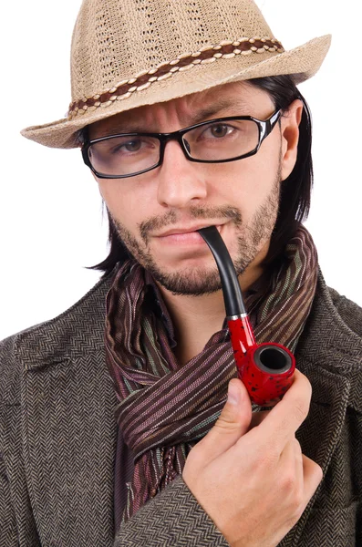 Young detective with pipe isolated on white — Stock Photo, Image