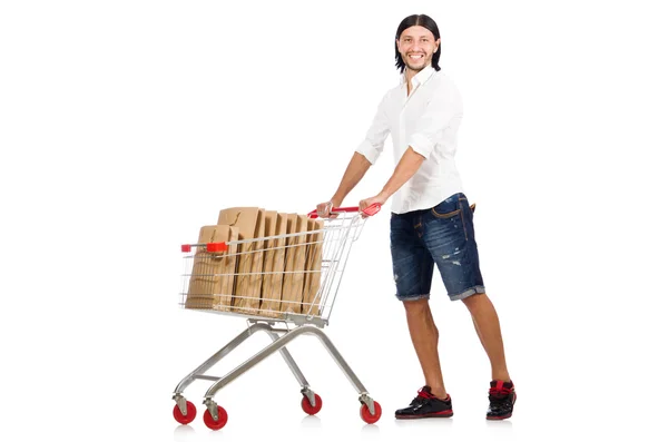 Homem de compras com carrinho de cesta de supermercado isolado em branco — Fotografia de Stock