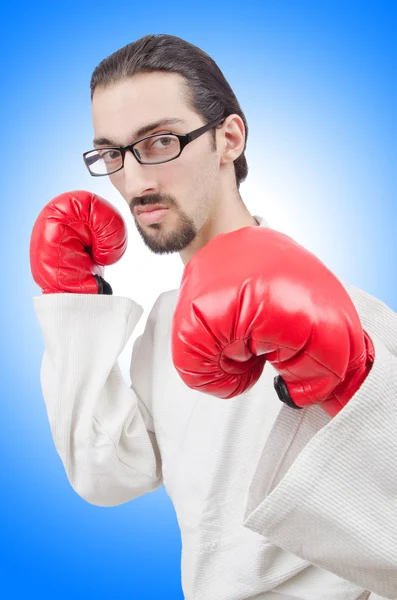 Luchador de karate aislado en el azul — Foto de Stock