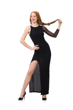 Beyaz izole zarif siyah elbiseli genç bayan