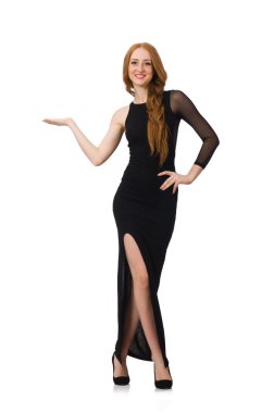 Beyaz izole zarif siyah elbiseli genç bayan