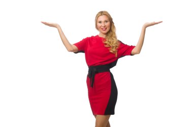 Kırmızı elbiseli güzel bayan beyazda soyutlanmış.