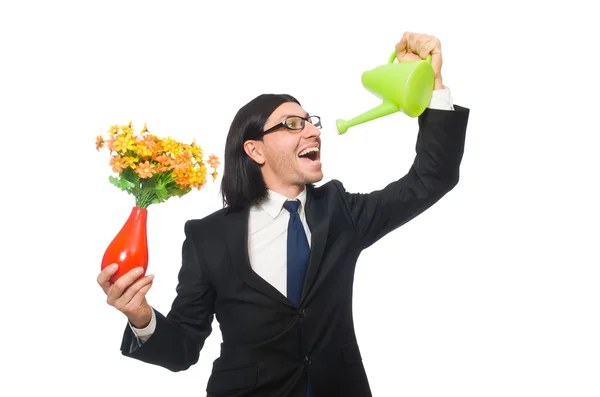 Hombre de negocios guapo con maceta de flores —  Fotos de Stock