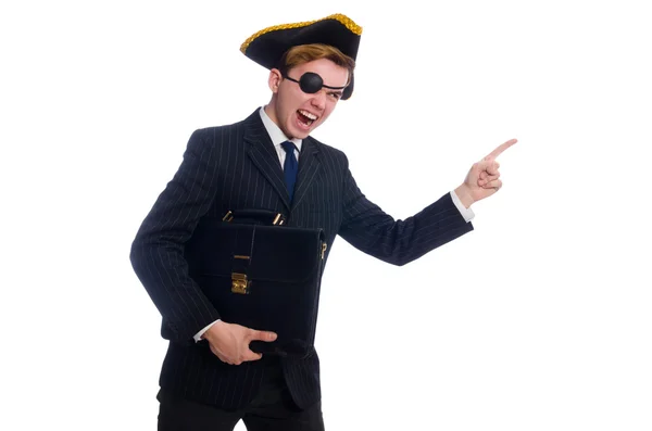 Молодий чоловік в костюмі з піратським капелюхом ізольований на білому — стокове фото