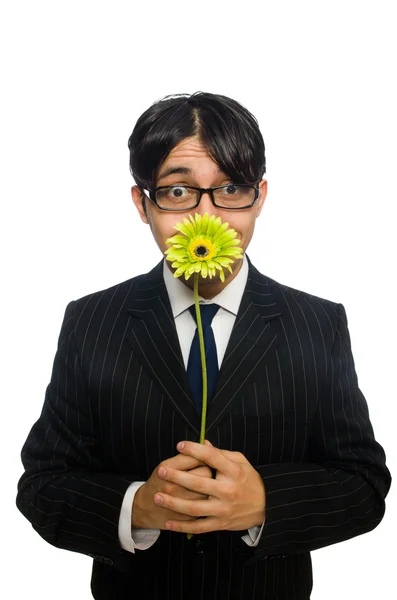 Young man in black costume with flower isolated on white — Stock Photo, Image