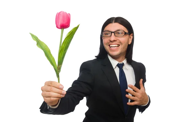 Handsome businessman with flower isolated on white — Stock Photo, Image