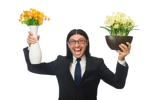 Όμορφος επιχειρηματίας με δοχείο λουλουδιών που απομονώνονται σε λευκό — Φωτογραφία Αρχείου