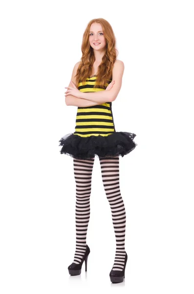 A girl in black and yellow striped dress isolated on white — Stock Photo, Image