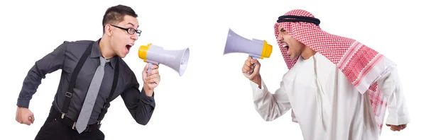 Arabische man schreeuwen via luidspreker geïsoleerd op wit — Stockfoto