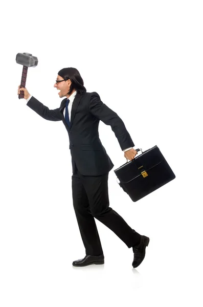 Hombre de negocios guapo sosteniendo martillo y estuche aislado en blanco —  Fotos de Stock