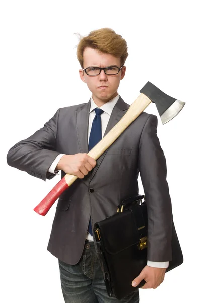 Joven hombre de negocios con hacha aislada en blanco — Foto de Stock