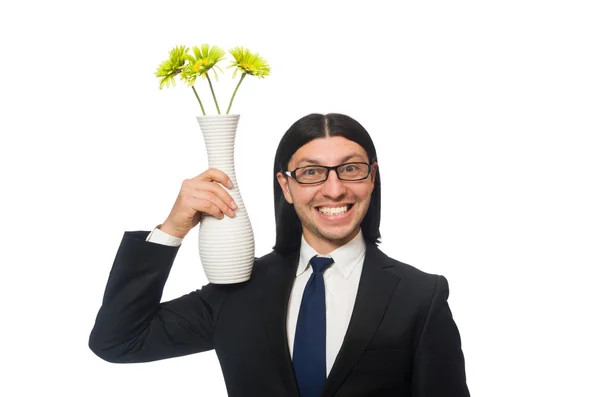 Όμορφος επιχειρηματίας κρατώντας vase των λουλουδιών που απομονώνονται σε λευκό — Φωτογραφία Αρχείου