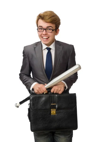 Young businessman with baseball bat isolated on white — Stock Photo, Image