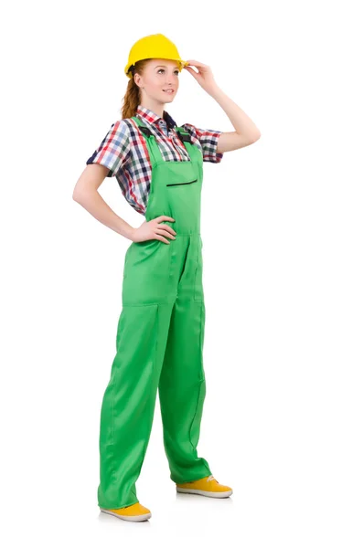 Female handyman in overalls isolated on white — Stock Photo, Image