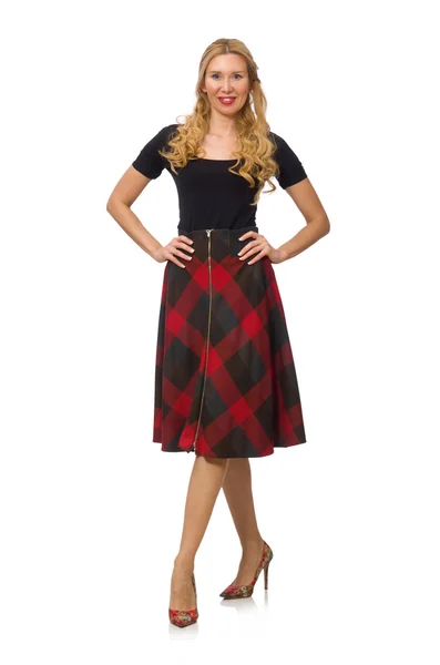 Beautiful young woman in plaid dress isolated on white — Stock Photo, Image