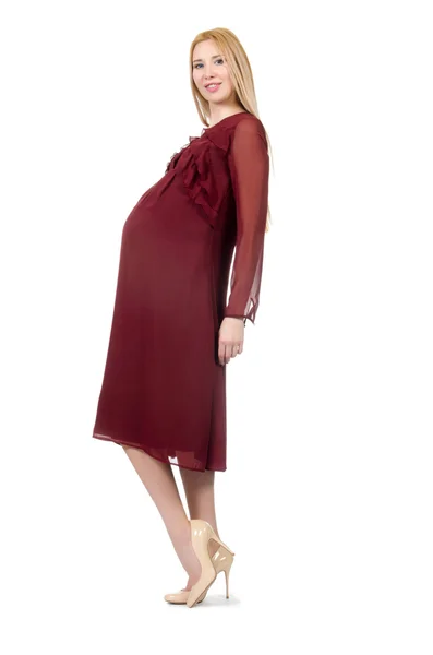 Jolie femme enceinte en robe rouge isolé sur blanc — Photo