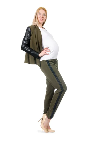Donna incinta in costume alla moda isolato su bianco — Foto Stock